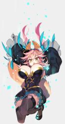 Rule 34 | 1girl, animal ear fluff, animal ears, aqua bow, aqua ribbon, arms up, artist logo, artist name, black dress, black footwear, black hat, black thighhighs, bow, breasts, cleavage, commentary request, detached sleeves, dress, fate/extra, fate/extra ccc, fate (series), fox ears, fox girl, fox tail, frilled dress, frilled sleeves, frills, from below, full body, goth fashion, hair between eyes, hair bow, hair ribbon, hat, highres, large breasts, long hair, long sleeves, looking at viewer, looking down, mini hat, negi (ulog&#039;be), official alternate costume, open mouth, pink hair, ribbon, sidelocks, signature, simple background, solo, split ponytail, tail, talisman, tamamo (fate), tamamo no mae (fate/extra), tamamo no mae (sable mage) (fate), thighhighs, twitter username, v-shaped eyebrows, white background, wide sleeves, yellow eyes