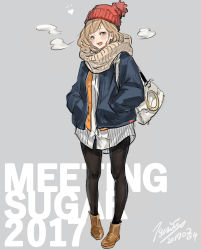 Rule 34 | 1girl, absurdres, bad id, bad pixiv id, bag, beanie, black pantyhose, blue coat, blush, boots, breath, brown footwear, brown hair, coat, commentary request, dated, grey background, grey eyes, hands in pockets, hat, heart, highres, long shirt, miri nanase, mole, mole under mouth, open mouth, original, pantyhose, red hat, scarf, shoulder bag, signature, simple background, smile, smug, solo, standing