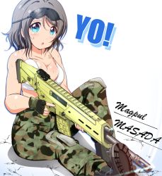 Rule 34 | 10s, 1girl, adaptive combat rifle, ankoiri, assault rifle, bikini, bikini top only, blue eyes, blush, boots, breasts, brown hair, camouflage, camouflage pants, cleavage, fingerless gloves, gloves, goggles, goggles on head, gun, hair ornament, holding, holding gun, holding weapon, love live!, love live! school idol project, love live! sunshine!!, military, open mouth, pants, rifle, short hair, sitting, solo, sweat, swimsuit, tattoo, text focus, trigger discipline, watanabe you, weapon