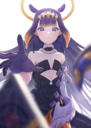 Rule 34 | 1girl, aboreen, ao-chan (ninomae ina&#039;nis), asymmetrical gloves, bare shoulders, black dress, black gloves, blunt bangs, blurry, blurry foreground, book, collarbone, dress, flat chest, floating hair, fur-trimmed collar, fur choker, fur trim, gloves, halo, hololive, hololive english, long hair, looking at viewer, low wings, ninomae ina&#039;nis, ninomae ina&#039;nis (1st costume), open hand, outstretched arm, pointy ears, purple hair, reaching, reaching towards viewer, solo, tentacle hair, tentacles, uneven gloves, very long hair, virtual youtuber, white background, wings