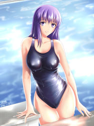 Rule 34 | 10s, 1girl, 2016, alternate costume, artist name, blue one-piece swimsuit, breasts, collarbone, covered erect nipples, cowboy shot, dated, dripping, fate/stay night, fate (series), large breasts, long hair, looking at viewer, matou sakura, one-piece swimsuit, parted lips, pool, purple eyes, purple hair, rna (angel-smelter), sideboob, signature, solo, starting block, swimsuit, water, wet, wet clothes, wet hair