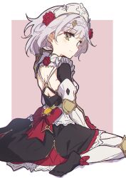 Rule 34 | 1girl, absurdres, aitekku, armor, armored dress, back cutout, braid, braided bangs, breasts, closed mouth, clothing cutout, dress, flower, genshin impact, green eyes, grey hair, hair flower, hair ornament, highres, looking at viewer, looking back, maid, noelle (genshin impact), red flower, red rose, rose, short hair, simple background, sitting, solo, two-tone background, vision (genshin impact)