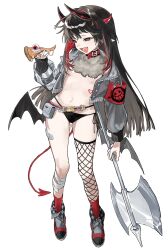 Rule 34 | 1girl, absurdres, armband, asymmetrical clothes, axe, bandaged leg, bandages, belt collar, black eyes, black hair, black panties, breasts, bright pupils, collar, contrapposto, demon girl, demon horns, demon wings, eyeball, fang, food, full body, fur collar, grey jacket, heart, heart tattoo, highres, holding, holding axe, holding food, holding pizza, horns, jacket, long hair, long pointy ears, long sleeves, low wings, multiple horns, navel, open mouth, original, panties, pizza, pointy ears, red socks, seeshin see, side-tie panties, simple background, single fishnet legwear, skin fang, small breasts, socks, solo, tattoo, underwear, white background, white pupils, wings