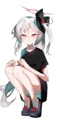 Rule 34 | 1girl, absurdres, ass, black dress, black footwear, black scrunchie, blue archive, blush, closed mouth, dress, full body, grey hair, hair ornament, hair scrunchie, halo, highres, long hair, looking at viewer, mutsuki (blue archive), pointy ears, red eyes, red halo, scrunchie, shoes, short sleeves, showtime775, side ponytail, simple background, smile, solo, squatting, white background