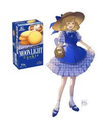 Rule 34 | 1girl, absurdres, basket, black footwear, blonde hair, blue bow, blue bowtie, blue dress, blue ribbon, bow, bowtie, breasts, brown hat, commentary, cookie, dress, egg, food, frilled dress, frills, full body, gingham, gingham dress, gloves, hat, hat ribbon, high heels, highres, holding, holding basket, legs apart, looking at viewer, mary janes, medium hair, morinaga (brand), open mouth, original, puffy short sleeves, puffy sleeves, ribbon, shoes, short dress, short sleeves, signature, simple background, skirt hold, small breasts, smile, socks, sokura (mochichitose), solo, standing, sun hat, unmoving pattern, white background, white gloves, white socks, yellow eyes