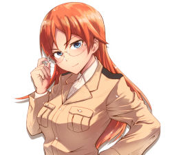 Rule 34 | 1girl, adjusting eyewear, blue eyes, edytha neumann, glasses, hand on eyewear, hand on own hip, liar lawyer, long hair, looking at viewer, military, military uniform, orange hair, solo, strike witches, uniform, witches of africa, world witches series