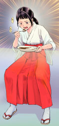 Rule 34 | 1girl, black hair, breasts, brown eyes, commentary request, curry, curry rice, eating, emphasis lines, food, full body, hakama, highres, holding, holding spoon, invisible chair, japanese clothes, miko, open mouth, original, ponytail, red hakama, rice, sandals, sitting, small breasts, solo, spoon, sweat, table, uzuki noboru (denchuu shoujo)