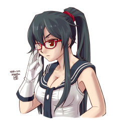 Rule 34 | 1girl, adjusting eyewear, black hair, breasts, cleavage, closed mouth, dated, glasses, gloves, hair between eyes, hand up, highres, joshua2368, kantai collection, large breasts, long hair, ponytail, red-framed eyewear, red eyes, shirt, signature, simple background, sleeveless, sleeveless shirt, solo, upper body, very long hair, white background, white gloves, white shirt, yahagi (kancolle)