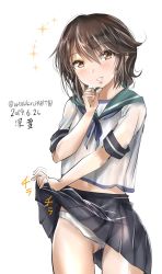 Rule 34 | 1girl, black hair, blue sailor collar, blue skirt, brown eyes, clothes lift, cowboy shot, dated, grin, kantai collection, lifted by self, looking at viewer, miyuki (kancolle), one-hour drawing challenge, panties, pantyshot, pleated skirt, sailor collar, school uniform, serafuku, short hair, simple background, skirt, skirt lift, smile, solo, sparkle, standing, tororo ten, twitter username, underwear, white background, white panties