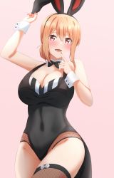 Rule 34 | 1girl, animal ears, black bow, black bowtie, blush, bow, bowtie, breasts, cleavage, covered navel, dars (recolors), fake animal ears, feet out of frame, finger to mouth, from above, highres, large breasts, leotard, long hair, looking at viewer, nail polish, open mouth, orange hair, pink background, playboy bunny, rabbit ears, red eyes, red nails, solo, standing, yahari ore no seishun lovecome wa machigatteiru., yuigahama yui&#039;s mother