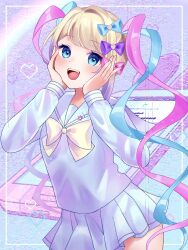 Rule 34 | 1girl, :d, bad id, bad twitter id, blonde hair, blue bow, blue eyes, blue hair, blue serafuku, blue shirt, blue skirt, bow, cellphone, chouzetsusaikawa tenshi-chan, cowboy shot, hair bow, hair ornament, hands on own cheeks, hands on own face, hands up, heart, heart hair ornament, highres, long hair, long sleeves, looking at viewer, multicolored hair, multiple hair bows, needy girl overdose, open mouth, phone, pink bow, pink hair, pleated skirt, pop (sodapop2837), purple bow, quad tails, rainbow, school uniform, serafuku, shirt, skirt, smartphone, smile, solo, standing, very long hair, yellow bow