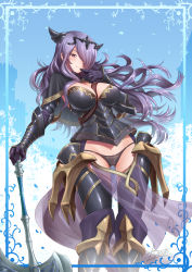 Rule 34 | 1girl, adsouto, armor, axe, breasts, camilla (fire emblem), cleavage, finger to mouth, fire emblem, fire emblem fates, gloves, gluteal fold, hair over one eye, highres, long hair, looking at viewer, nintendo, panties, pelvic curtain, purple hair, smile, solo, thigh gap, tiara, underwear