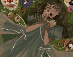 Rule 34 | 1girl, blue dress, blue eyes, blueberry, brown hair, cake, cake slice, commentary request, cookie, cupcake, doughnut, dress, food, food on face, food on hand, fork, fruit, highres, holding, holding food, jewelry, knife, long hair, lying, nail polish, on back, open mouth, original, pie, pie slice, puffy short sleeves, puffy sleeves, red lips, red nails, ribbon, ring, short sleeves, solo, spoon, strawberry, strawberry shortcake, tori no 3046, upper body, white ribbon