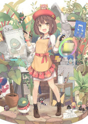Rule 34 | :d, apron, brown eyes, brown hair, chibi, drawing, easel, floral print, full body, hat, highres, holographic interface, ink, inkwell, isegawa yasutaka, looking at viewer, mini person, minigirl, computer mouse, multiple boys, multiple girls, open mouth, original, pencil, plant, potted plant, red hat, smile, solo focus, standing, stylus