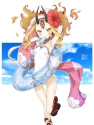 Rule 34 | 1girl, armpits, arms behind head, arms up, bare shoulders, blue sky, blush, breasts, character name, day, facial mark, fate/grand order, fate (series), female focus, floral print, flower, food, forehead mark, hachimitsucoffee, hair flower, hair ornament, hairband, horns, ibaraki douji (fate), ibaraki douji (fate/grand order), ibaraki douji (swimsuit lancer) (fate), ibaraki douji (swimsuit lancer) (second ascension) (fate), innertube, long hair, looking at viewer, mouth hold, one-piece swimsuit, oni, oni horns, pointy ears, popsicle, sandals, sash, sidelocks, sky, small breasts, smile, solo, swim ring, swimsuit, tattoo, thigh gap, thighs, white one-piece swimsuit, yellow eyes