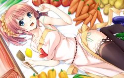 Rule 34 | 1girl, apron, bare shoulders, blue eyes, breasts, carrot, food, fruit, hair ornament, heart, highres, large breasts, looking at viewer, lying, open mouth, original, pink hair, solo, sorano (12gou), thighhighs