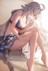 Rule 34 | 1girl, ahoge, ass, bare legs, bare shoulders, barefoot, bikini, bikini top only, blue bikini, braid, breasts, brown eyes, cleavage, collarbone, cup, dagger, dutch angle, flower, genyaky, granblue fantasy, hair between eyes, hand on own thigh, hand up, highres, holding, holding cup, knees up, knife, large breasts, legs, long hair, looking at viewer, parted lips, print sarong, sarong, sheath, sheathed, signature, silva (granblue fantasy), simple background, sitting, solo, stomach, swimsuit, twin braids, underwear, very long hair, weapon