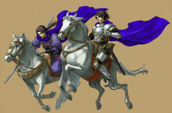 Rule 34 | 2boys, armor, barding, black hair, boots, brown background, cao pi, cape, chickenb, crossover, gauntlets, gensou suikoden, gensou suikoden ii, gloves, greaves, grin, horse, horseback riding, long hair, luca blight, male focus, multiple boys, ponytail, riding, saddle, sassa (cb), scabbard, sheath, shin sangoku musou, simple background, smile, stirrups (riding), sword, weapon