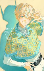 Rule 34 | 1boy, belt, black belt, blonde hair, blue eyes, blue hair, blue shirt, brown background, chain, chain necklace, checkered clothes, checkered shirt, different shadow, grin, hand on own hip, hibachi mana, highres, jewelry, long sleeves, looking at viewer, male focus, multicolored hair, multicolored shirt, necklace, nijisanji, one eye closed, pants, shirt, short hair, signature, smile, solo, streaked hair, teeth, turtleneck, twitter username, ugonba (howatoro), v, virtual youtuber, white pants, yellow shirt
