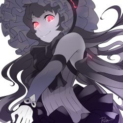 Rule 34 | 10s, 1girl, abyssal ship, artist name, black hair, commentary request, frills, glowing, glowing eyes, highres, isolated island oni, kantai collection, long hair, looking at viewer, pale skin, red eyes, rota (bitmap1022), simple background, smile, solo, upper body, very long hair, white background