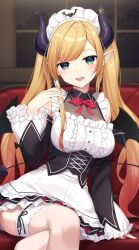 Rule 34 | 1girl, black sleeves, blonde hair, blush, breasts, crossed legs, demon girl, demon horns, demon tail, demon wings, detached sleeves, green eyes, highres, hololive, horns, large breasts, long hair, maid, maid headdress, nishino eri, official alternate costume, open mouth, pointy ears, shirt, sleeveless, sleeveless shirt, smile, solo, tail, twintails, virtual youtuber, white headdress, white shirt, wings, yuzuki choco, yuzuki choco (maid)