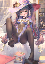 Rule 34 | 1girl, absurdres, arm support, black gloves, black pantyhose, blush, book, book stack, bookshelf, breasts, chen bin, covered navel, detached sleeves, earrings, embarrassed, feet, genshin impact, gloves, green eyes, hair ribbon, hat, highres, indoors, jewelry, long image, looking away, mona (genshin impact), open mouth, pantyhose, purple hair, ribbon, sidelocks, sitting, solo, spread legs, sweatdrop, tall image, twintails, window, witch hat