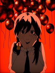 Rule 34 | 1girl, absurdres, apricot (vocaloid), backlighting, balloon, black vest, bright pupils, commentary request, film grain, hair half undone, hair ribbon, hanabukuro, hands on own cheeks, hands on own face, highres, long hair, long sleeves, looking at viewer, low twintails, nervous sweating, red background, ribbon, scared, simple background, solo, straight-on, sweat, twintails, upper body, vest, vocaloid, white pupils, white sleeves, wide-eyed
