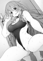 Rule 34 | 1girl, barefoot, blush, breasts, cleavage, competition swimsuit, door, female pubic hair, greyscale, hair between eyes, hand up, highres, idolmaster, idolmaster shiny colors, large breasts, long hair, looking at viewer, monochrome, one-piece swimsuit, open mouth, osaki tenka, pubic hair, pubic hair peek, pussy juice, shirokuma (nankyoku), smile, solo, squatting, swimsuit, toes, v, wet