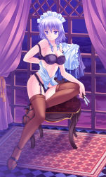 Rule 34 | 1girl, bad id, bad pixiv id, bare shoulders, bra, braid, chair, curtains, female focus, full body, garter straps, high heels, izayoi sakuya, knife, lingerie, maid, navel, off shoulder, pico (picollector79), shoes, short hair, silver hair, sitting, smile, solo, thighhighs, throwing knife, touhou, twin braids, underwear, undressing, weapon