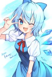 Rule 34 | 1girl, ;d, blue bow, blue dress, blue eyes, blue hair, bow, bowtie, celebration, cirno, collared shirt, cowboy shot, dress, english text, hair bow, highres, ice, ice wings, looking at viewer, one eye closed, open mouth, pinafore dress, puffy short sleeves, puffy sleeves, red bow, red bowtie, shirt, short hair, short sleeves, sleeveless dress, smile, solo, standing, star (symbol), touhou, v, wings, yuineko