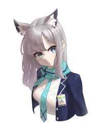 Rule 34 | 1girl, absurdres, animal ear fluff, animal ears, blue archive, blue eyes, blue jacket, blue scarf, breasts, cat ears, cropped torso, demian 221, extra ears, grey hair, highres, id card, jacket, long hair, looking at viewer, medium breasts, mismatched pupils, necktie, open clothes, open jacket, scarf, school uniform, shiroko (blue archive), shirt, simple background, solo, striped clothes, striped scarf, upper body, white background, white shirt, wolf ears