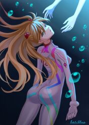 Rule 34 | 1girl, artist name, ass, bacillus, blue eyes, bodysuit, brown hair, curvy, evangelion: 3.0+1.0 thrice upon a time, female focus, floating hair, frown, gradient background, interface headset, long hair, looking at another, neon genesis evangelion, open mouth, plugsuit, rebuild of evangelion, shiny clothes, simple background, skin tight, solo, souryuu asuka langley, twintails, two side up, very long hair, white bodysuit, wide hips