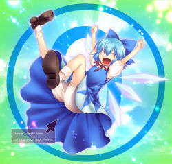 Rule 34 | 1girl, 490 (spinoza490), bloomers, blue hair, circled 9, cirno, cursor, dress, english text, female focus, full body, gradient background, happy, phantasmagoria of flower view, pointer, ribbon, short hair, solo, touhou, underwear, white bloomers, wings