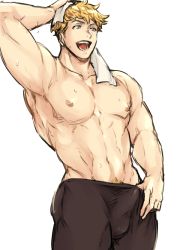 Rule 34 | 1boy, abs, bara, blonde hair, granblue fantasy, green eyes, hazama (hazamazama), holding, holding towel, large pectorals, male focus, muscular, muscular male, navel, nipples, open mouth, pectorals, short hair, simple background, smile, solo, topless male, towel, vane (granblue fantasy), white background
