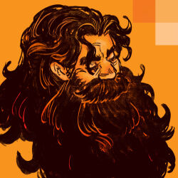 Rule 34 | 1boy, beard, beard over mouth, brown hair, cabinette, closed eyes, commentary, cropped head, dungeon meshi, dwarf, english commentary, facial hair, fluffy hair, highres, long beard, male focus, orange theme, senshi (dungeon meshi), solo, thick mustache, very long beard, wrinkled skin