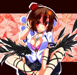 Rule 34 | 1girl, adapted costume, between breasts, blush, braid, breasts, brown hair, camera, cleavage, dress shirt, expressionless, female focus, gin (shioyude), hand to head, hat, indian style, large breasts, leaf, looking away, maple leaf, open mouth, red eyes, shameimaru aya, shirt, sitting, skirt, solo, tokin hat, touhou, wings
