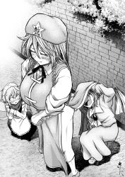 3girls, apron, bat wings, blouse, blush, braid, breasts, brick wall, brooch, commentary request, constricted pupils, day, embarrassed, eyes closed, fairy maid, fairy wings, fangs, female pervert, from above, grass, greyscale, hair between eyes, hat, hat ornament, height difference, hong meiling, jewelry, koyubi (littlefinger1988), large breasts, leaning to the side, lifted by another, long hair, long skirt, long sleeves, looking at another, maid, maid headdress, monochrome, multiple girls, open mouth, outdoors, own hands together, pants, pervert, remilia scarlet, scar, skirt, smile, squatting, standing, star (symbol), star hat ornament, touhou, twin braids, v arms, vest, wall, wide-eyed, wings