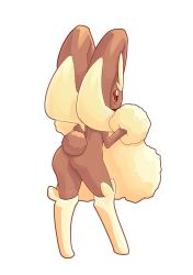 Rule 34 | 1girl, absurdres, animal ears, ass, black sclera, blush, body fur, brown fur, colored sclera, creatures (company), female focus, from behind, full body, furry, furry female, game freak, gen 4 pokemon, hand to own mouth, hands up, highres, legs apart, looking back, looking to the side, lopunny, nintendo, outline, pokemon, pokemon (creature), rabbit ears, rabbit girl, rabbit tail, red eyes, simple background, solo, standing, tail, two-tone fur, uno usaya, white background, yellow fur