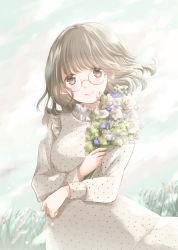 Rule 34 | 1girl, absurdres, arm across chest, blue sky, blush, bouquet, breasts, brown eyes, cloud, commentary request, contrapposto, day, dress, flower, glasses, grass, hair blowing, head tilt, highres, holding, holding bouquet, hoshiibara mato, light brown hair, long sleeves, looking at viewer, medium breasts, medium hair, original, outdoors, polka dot, polka dot dress, rose, shirt under dress, sky, sleeve cuffs, smile, solo, standing, white dress, white flower, white rose