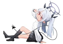 Rule 34 | 1girl, absurdres, black skirt, black socks, black tail, blue archive, grey hair, grey halo, halo, highres, honi (honi1010), iori (blue archive), long hair, long sleeves, pleated skirt, pointy ears, red eyes, shirt, simple background, skirt, socks, solo, twintails, white background, white shirt