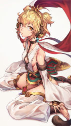 Rule 34 | 10s, 1girl, andira (granblue fantasy), animal ears, arm guards, bare shoulders, barefoot, beads, blonde hair, breasts, choker, cleavage cutout, clothing cutout, collarbone, detached pants, detached sleeves, diamond (shape), erune, eyelashes, feet, fingernails, from side, fur trim, granblue fantasy, hair between eyes, hairband, hand on ankle, hands on feet, highres, leotard, looking at viewer, monkey ears, monkey tail, oopartz yang, ribs, sash, see-through, shawl, short hair, sideboob, sideways glance, simple background, sitting, small breasts, solo, tail, toenails, toes, two side up, wariza, white background, white leotard, yellow eyes