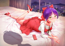Rule 34 | 1girl, :&lt;, ankle ribbon, ankle strap, ankleband, ass, bare legs, bed, blouse, blush, bow, breasts, bridge, brooch, cellphone, choker, city lights, cityscape, collarbone, crystal shoujo, curtains, dress, foot up, full body, gegege no kitarou, gegege no kitarou 6, hair bow, hair bun, high heels, indoors, jewelry, kitarou, leg ribbon, long sleeves, looking at viewer, lying, mountainous horizon, nekomusume, nekomusume (gegege no kitarou 6), night, no socks, on bed, on stomach, own hands together, phone, pointy ears, pumps, purple hair, red bow, red choker, red dress, red footwear, ribbon, shadow, shirt, shoes, short hair, single hair bun, small breasts, smartphone, solo focus, white shirt, window, yellow eyes