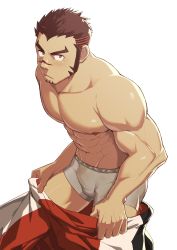 Rule 34 | 1boy, absurdres, akashi (live a hero), bara, blush, bodysuit, boxers, bulge, facial hair, feet out of frame, gradient hair, highres, live a hero, long sideburns, male focus, male underwear, multicolored hair, muscular, pectorals, red bodysuit, red eyes, red hair, short hair, sideburns, solo, thick eyebrows, thighs, underwear, undressing, white background, zhuganchangjiadan