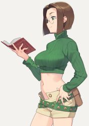 Rule 34 | 1girl, belt, belt pouch, belt skirt, book, breasts, brown hair, crop top, fingernails, glasses, green eyes, green sweater, hand on own hip, holding, holding book, large breasts, long fingernails, long sleeves, midriff, mimoza lorange, navel, ribbed sweater, short hair, shorts, simple background, smile, solo, ssberit, summon night, summon night 2, sweater, turtleneck, white background
