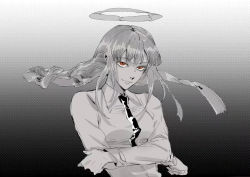 Rule 34 | 1girl, black necktie, braid, braided ponytail, breasts, business suit, captian, chainsaw man, collared shirt, eyebrows, formal, greyscale, halo, long sleeves, looking at viewer, makima (chainsaw man), medium breasts, medium hair, monochrome, necktie, neckwear request, ringed eyes, shirt, simple background, smile, solo, suit, upper body