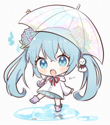 1girl aobahosino aqua_eyes aqua_hair aqua_skirt bow bowtie chibi double_bun full_body hair_between_eyes hair_bun hatsune_miku holding holding_umbrella hood hooded_jacket jacket light_blush long_hair long_sleeves looking_at_viewer open_mouth plaid_clothes plaid_skirt red_bow red_bowtie shoes simple_background skirt solo transparent transparent_umbrella twintails umbrella very_long_hair vocaloid white_background white_jacket