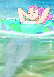 Rule 34 | 1girl, breasts, closed eyes, closed mouth, haruyama kazunori, innertube, laura (precure), long hair, one-piece swimsuit, partially submerged, pink hair, ponytail, precure, small breasts, smile, solo, swim ring, swimsuit, tropical-rouge! precure, water, white one-piece swimsuit