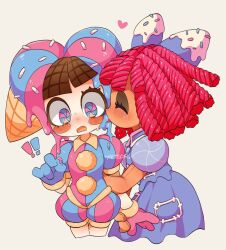 Rule 34 | !, !!, 2girls, asymmetrical gloves, blue eyes, blue gloves, blush, closed eyes, colored skin, food, gloves, heart, highres, ice cream, mismatched gloves, multicolored eyes, multiple girls, open mouth, pomni (the amazing digital circus), puffy short sleeves, puffy sleeves, ragatha (the amazing digital circus), red eyes, red gloves, red hair, short hair, short sleeves, the amazing digital circus, tongue, tongue out, white skin, yawaraka meteor, yuri