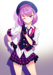 Rule 34 | 1girl, ;), beret, black gloves, black hat, black necktie, black vest, blunt bangs, blush, closed mouth, collared shirt, commentary request, contrapposto, cowboy shot, fate/grand order, fate (series), gloves, gradient background, hand on own hip, hat, helena blavatsky (fate), highres, index finger raised, looking at viewer, mash kyrielight (that&#039;s very mahatma!), matsuryuu, miniskirt, necktie, one eye closed, pink ribbon, plaid, plaid skirt, pleated skirt, purple background, purple eyes, purple hair, purple skirt, ribbon, shirt, short hair, short sleeves, skirt, smile, solo, vest, white shirt