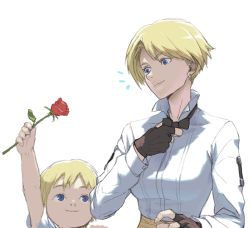 Rule 34 | 1boy, 1girl, ^^^, adjusting bow, arm up, black bow, black bowtie, black gloves, blonde hair, blue eyes, bow, bowtie, breasts, brother and sister, child, closed mouth, collared shirt, earrings, fingerless gloves, flower, gift, gloves, holding, holding flower, jan (snk), jean (snk), jewelry, king (snk), long sleeves, loped, parted bangs, red flower, red rose, rose, ryuuko no ken, shirt, short hair, short sleeves, siblings, simple background, smile, snk, the king of fighters, upper body, white background, white shirt